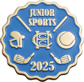 Gold scalloped lapel pin featuring blue enamel, Junior Sports 2025 text, and various sports equipment icons including golf clubs and tennis ball.