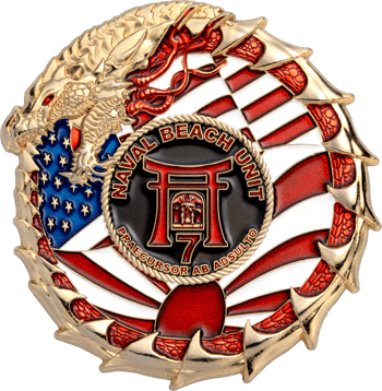 Naval Beach Unit 7 military challenge coin featuring a golden dragon wrapped around a central torii gate design with American flag elements.