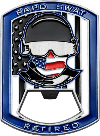 RAPD SWAT Retired bottle opener challenge coin shaped like an operator with tactical helmet and American flag face covering.