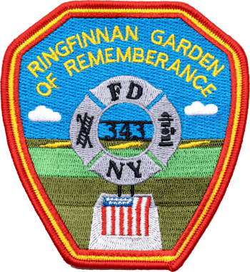 Embroidered patch featuring Ringfinnan Garden of Remembrance text with an FDNY cross and American flag monument.
