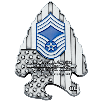 Arrowhead-shaped challenge coin featuring the 108th Mission Support Group emblem, a blue Master Sergeant rank, and an American flag pattern in antiqued silver.