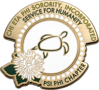 Chi Eta Phi Sorority Psi Phi Chapter lapel pin with a sea turtle, chrysanthemum flower, and pearl border in gold and green enamel.