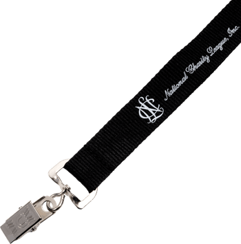 Black custom lanyard strap with a metal bulldog clip featuring the National Charity League, Inc. logo and text in white.