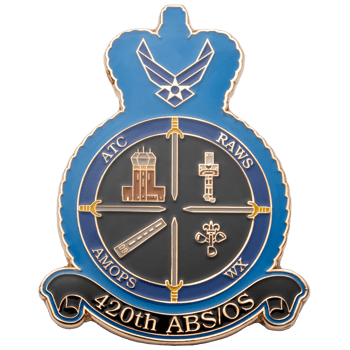 Shield-shaped lapel pin for the 420th ABS/OS featuring a blue crown, Air Force logo, and symbols for ATC, RAWS, AMOPS, and WX.