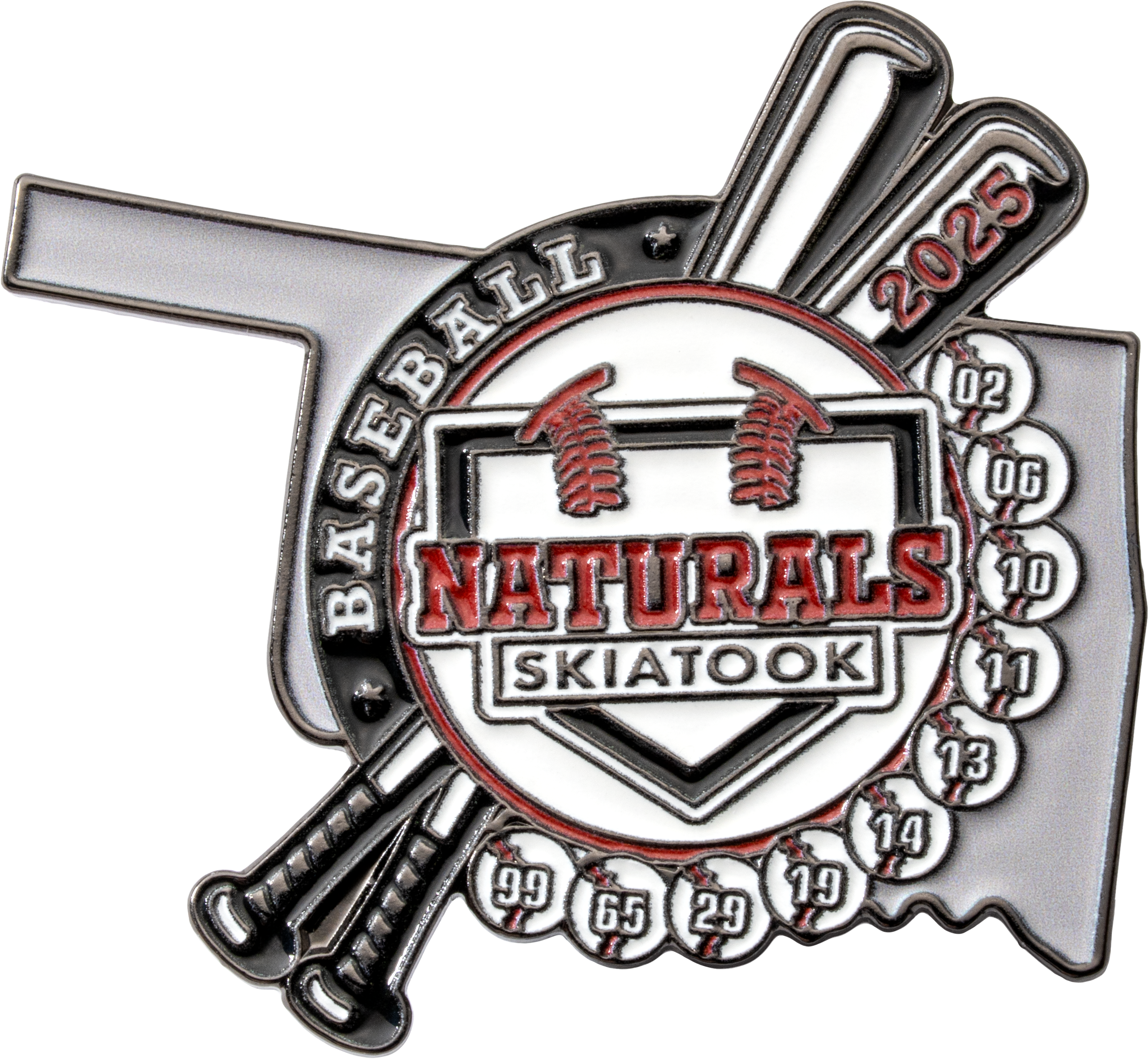 Skiatook Naturals baseball trading pin featuring a home plate design, bats, and jersey numbers over an Oklahoma state outline.