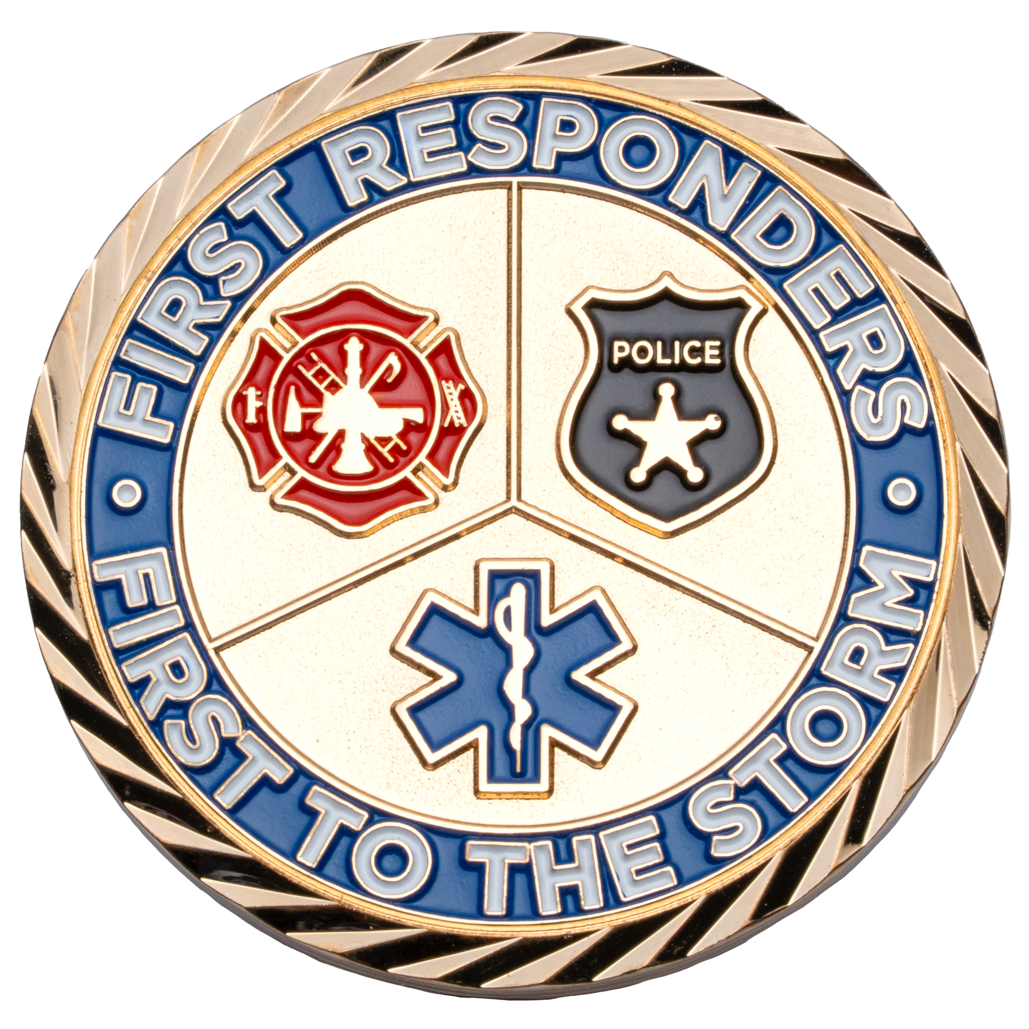 Challenge coin featuring fire department, police, and EMS emblems with a diamond cut edge.