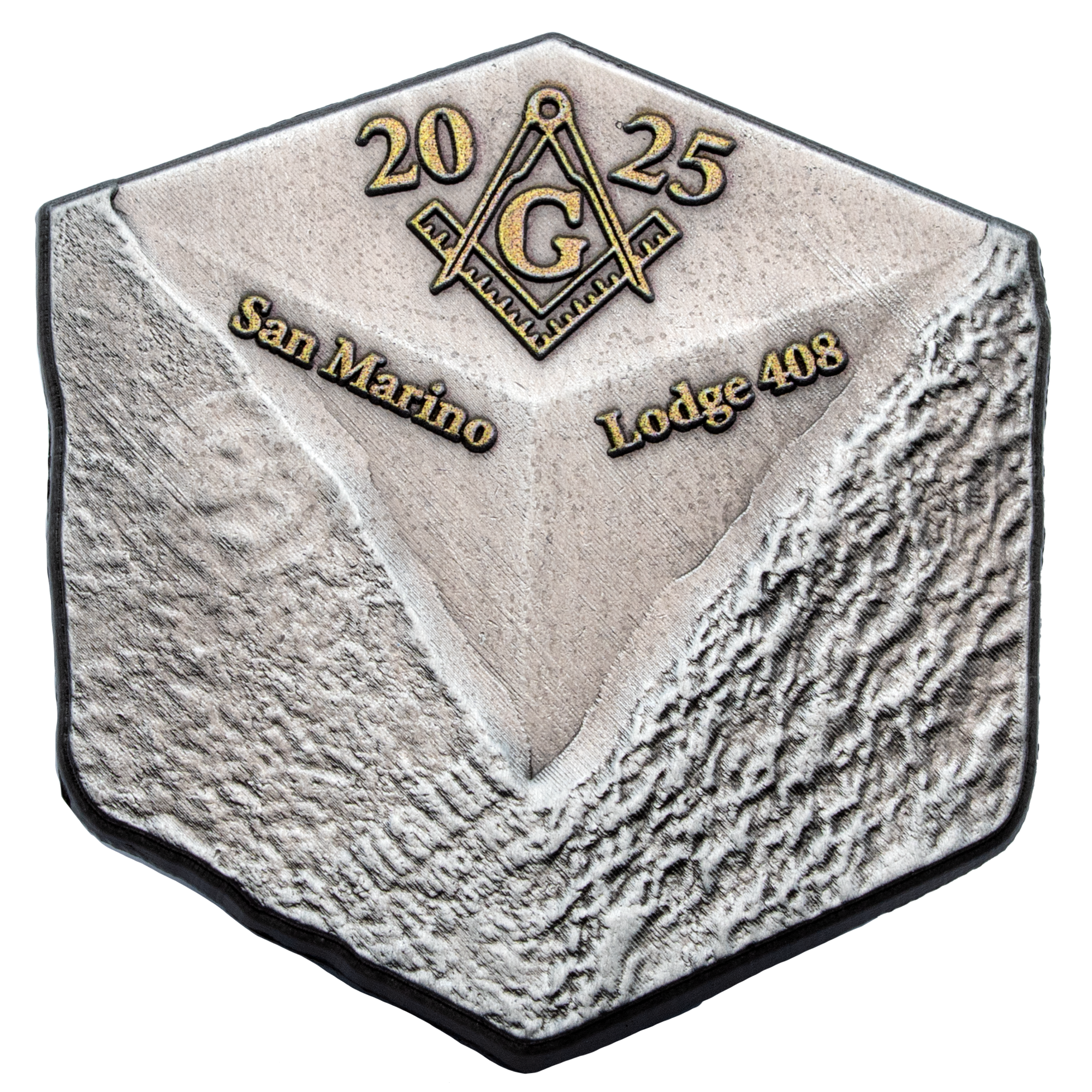 Hexagonal silver challenge coin featuring a Masonic square and compass, the year 2025, and text for San Marino Lodge 408 with a textured metallic finish.