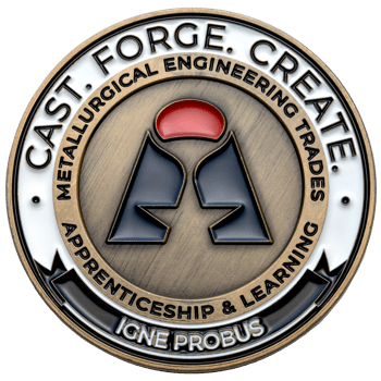 Antique bronze challenge coin for Metallurgical Engineering Trades Apprenticeship & Learning featuring a central logo with red and black enamel.