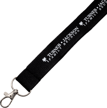 Black custom lanyard printed with white text Turner Jackson Family Reunion and palm tree icons with a silver metal lobster claw clasp.