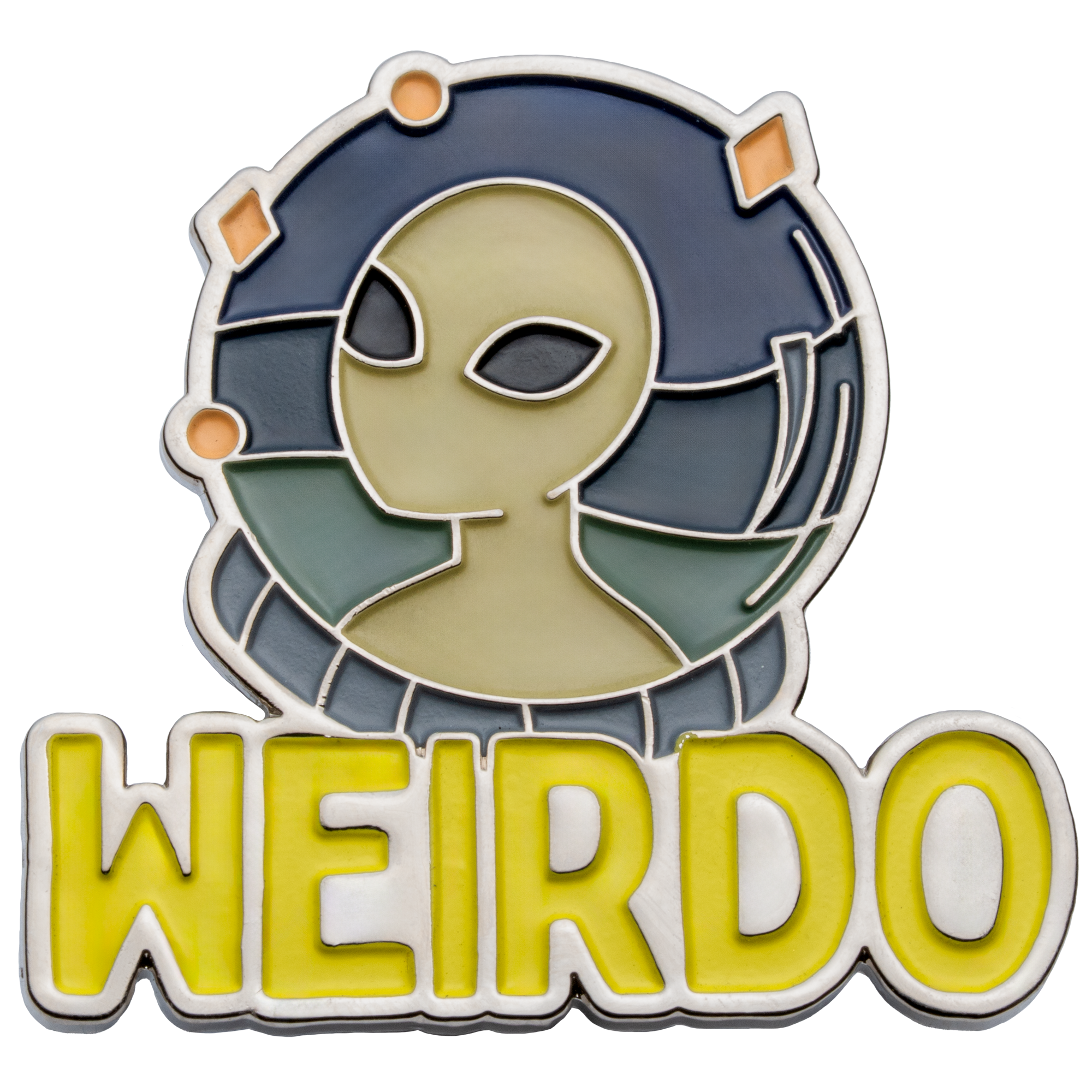 Enamel lapel pin featuring a stylized alien head above the word Weirdo in yellow lettering.