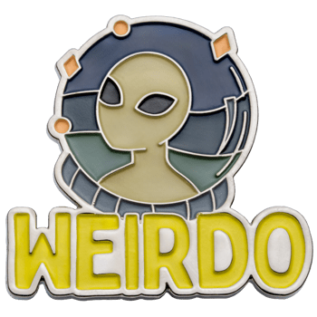 Enamel lapel pin featuring a stylized alien head above the word Weirdo in yellow lettering.