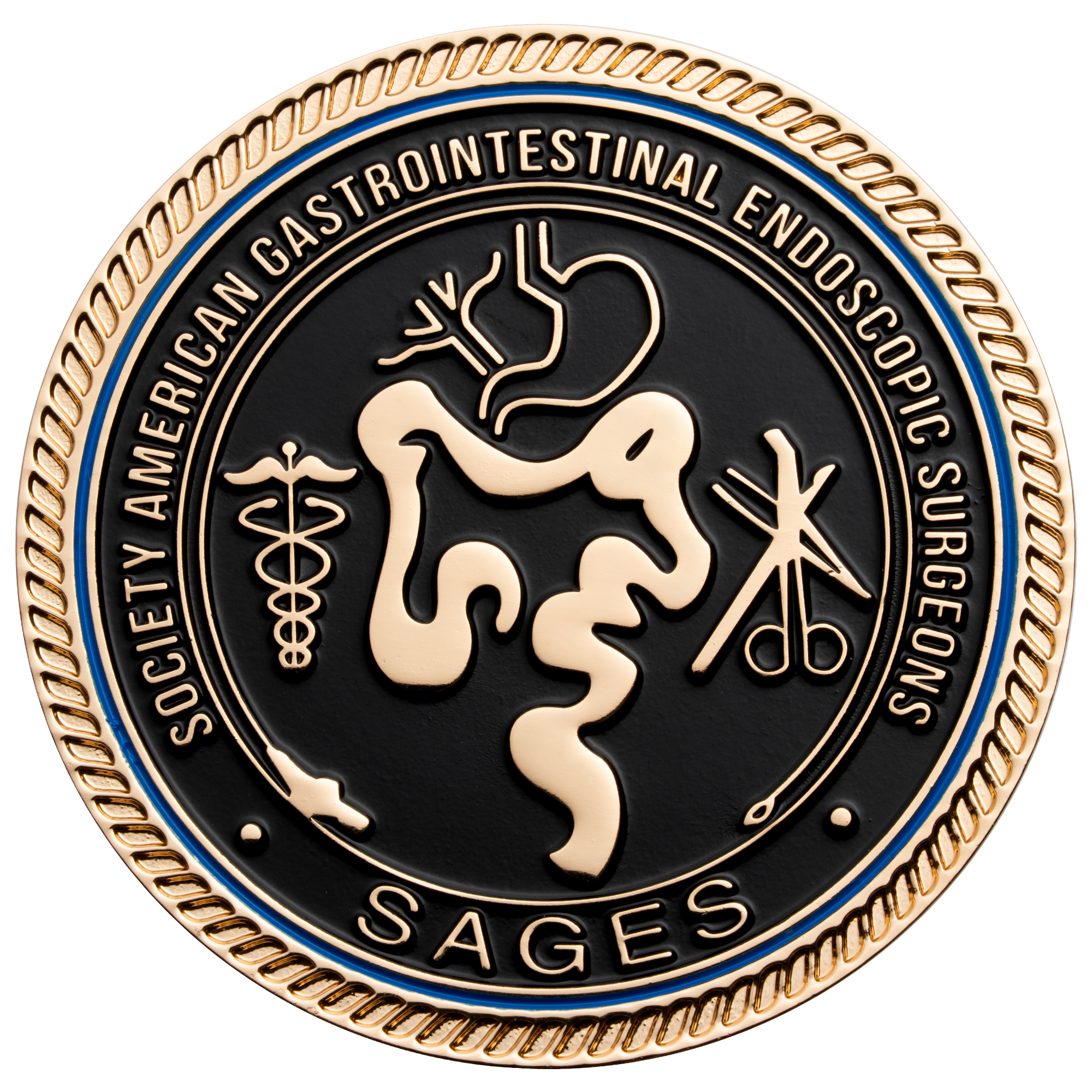 Gold and black challenge coin for the Society of American Gastrointestinal Endoscopic Surgeons featuring a digestive system illustration and caduceus.