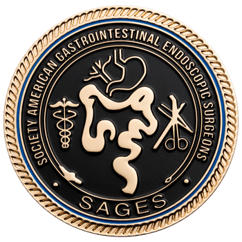 Gold and black challenge coin for the Society of American Gastrointestinal Endoscopic Surgeons featuring a digestive system illustration and caduceus.