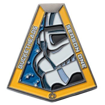 Trapezoidal enamel challenge coin featuring a stormtrooper helmet profile, yellow border with text Bucketheads Season One, and blue starry background.