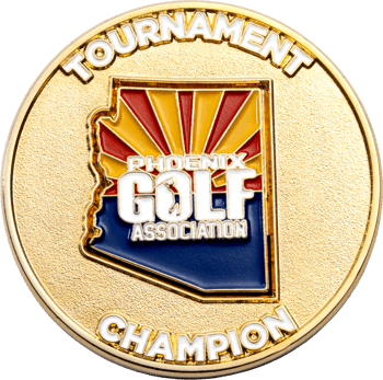 Gold challenge coin featuring Phoenix Golf Association with an Arizona state map design and Tournament Champion text.