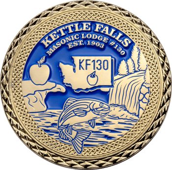 Gold challenge coin for Kettle Falls Masonic Lodge #130 featuring a leaping fish, waterfall, and Washington state map on blue enamel.