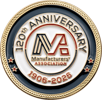 Manufacturers' Association 120th Anniversary custom challenge coin with rope border and gold accents.