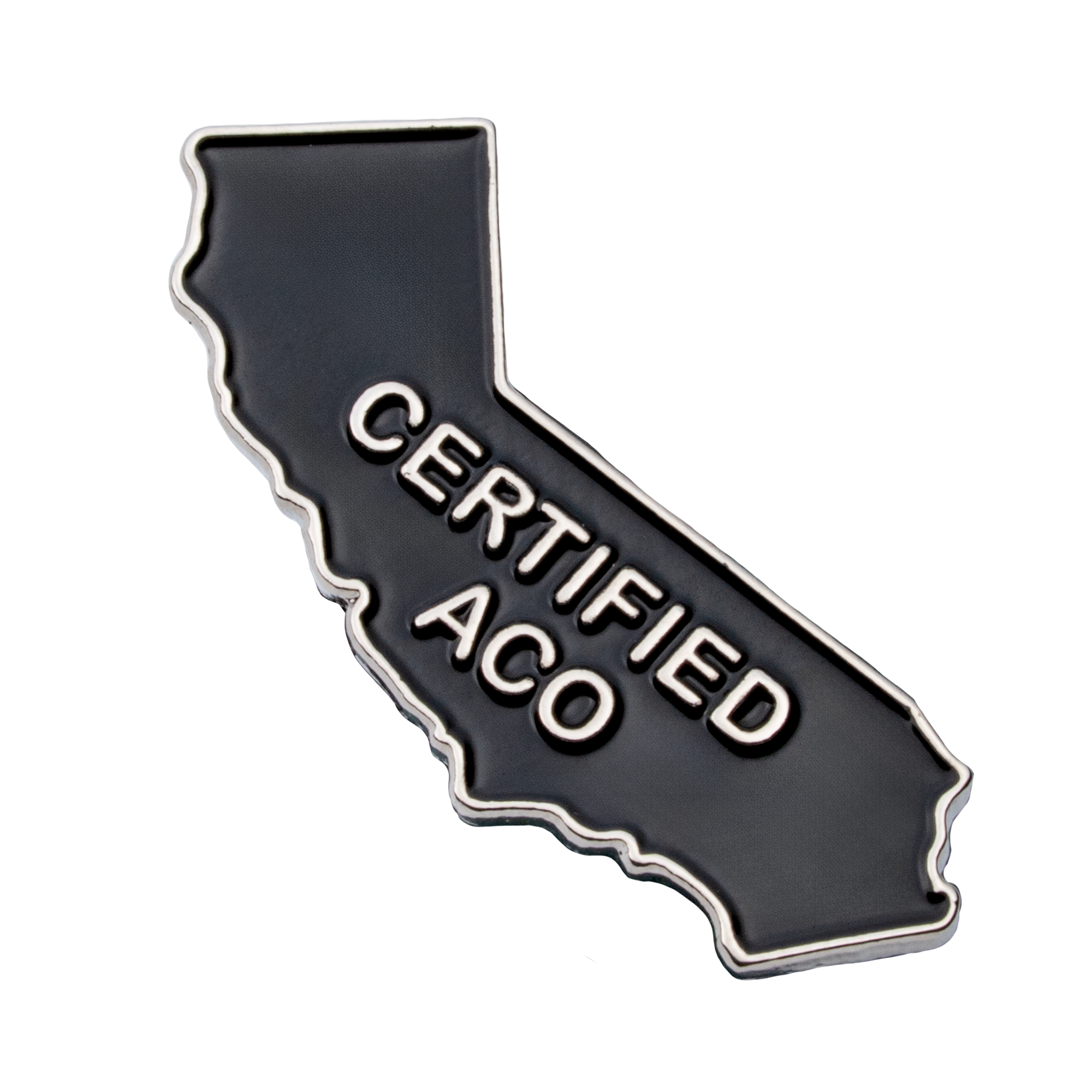 California state shaped lapel pin featuring black enamel with silver Certified ACO text.