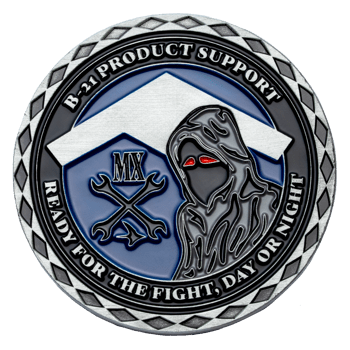B-21 Product Support challenge coin featuring a hooded figure with red eyes, crossed wrenches, and the MX logo on a blue and silver background.