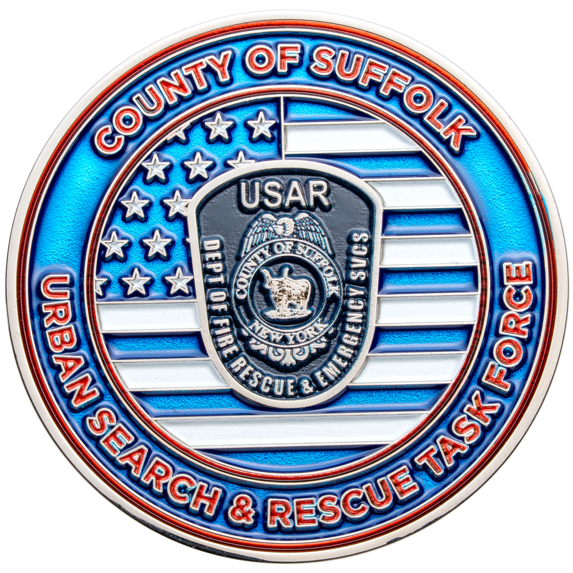 Circular challenge coin featuring the County of Suffolk Urban Search and Rescue Task Force emblem over an American flag background.