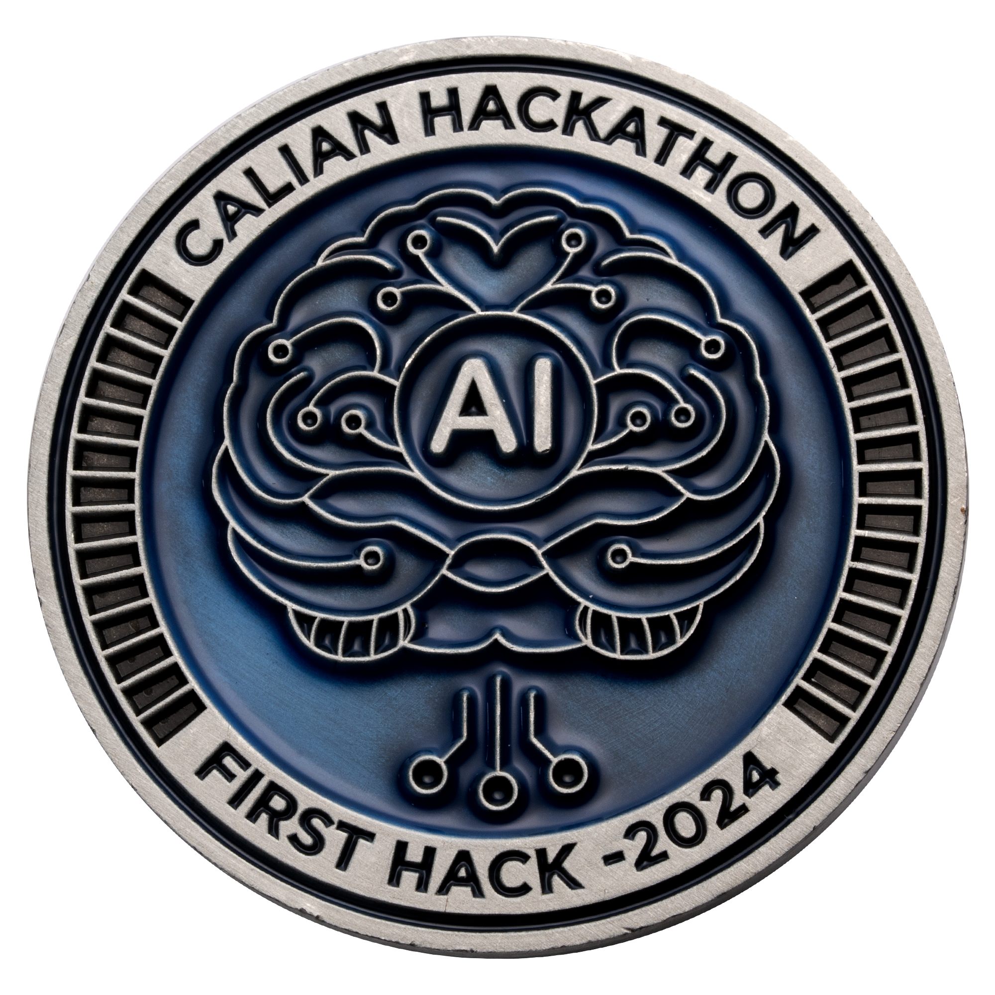 Circular challenge coin for Calian Hackathon 2024 featuring a blue circuit brain design with AI text in the center.