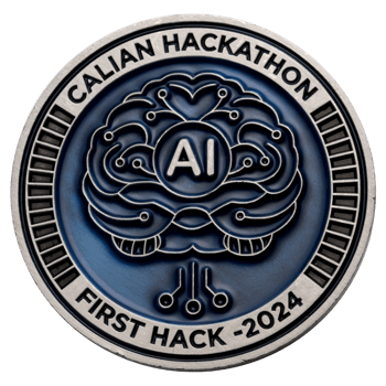 Circular challenge coin for Calian Hackathon 2024 featuring a blue circuit brain design with AI text in the center.