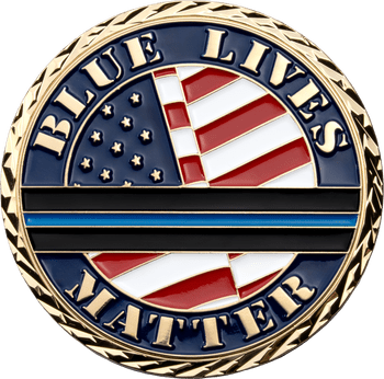 Blue Lives Matter challenge coin featuring the American flag, a thin blue line stripe, and gold rope border detailing.