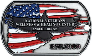 Dog tag shaped challenge coin for National Veterans Wellness & Healing Center featuring an eagle silhouette over a tattered American flag.