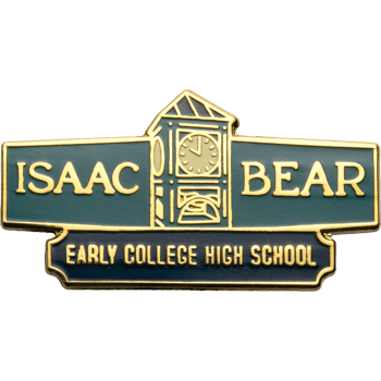 Gold and green lapel pin for Isaac Bear Early College High School featuring a central clock tower illustration.