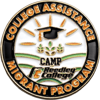 College Assistance Migrant Program challenge coin featuring a graduation cap, sun rays, and Reedley College emblem.