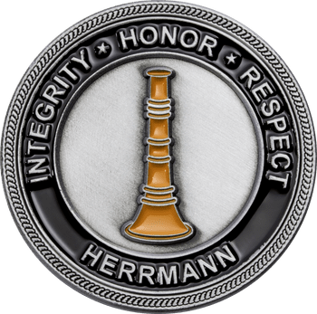 Silver challenge coin featuring an orange firefighter bugle in the center surrounded by Integrity, Honor, Respect, and Herrmann text.
