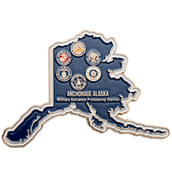 Alaska-shaped lapel pin featuring various military service seals and text for Anchorage Alaska Military Entrance Processing Station.
