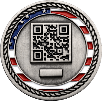 Antiqued silver challenge coin featuring a central QR code framed by a red, white, and blue American flag border with a rope edge.