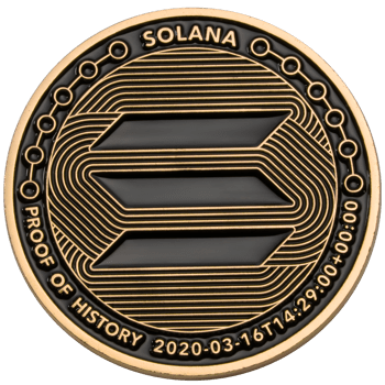 Gold and black Solana challenge coin featuring the three-bar logo and Proof of History timestamp text.