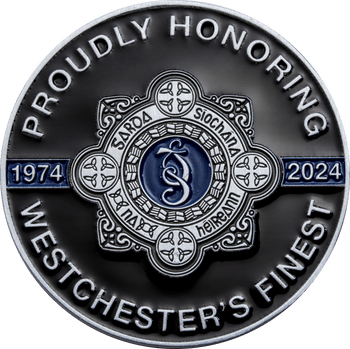 Silver and black challenge coin honoring Westchester's Finest and Garda Síochána na hÉireann, 1974-2024.